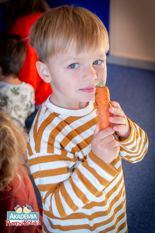 Chłopiec pozuje do zdjęcia z znalezioną marchewką. Z boku warzywa widać fragment litery. Napisana jest czarnym mazakiem.